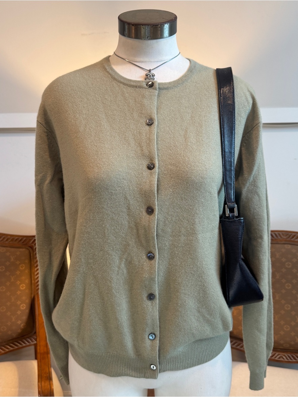 Olive Green Cashmere Button-Front Cardigan Sweater